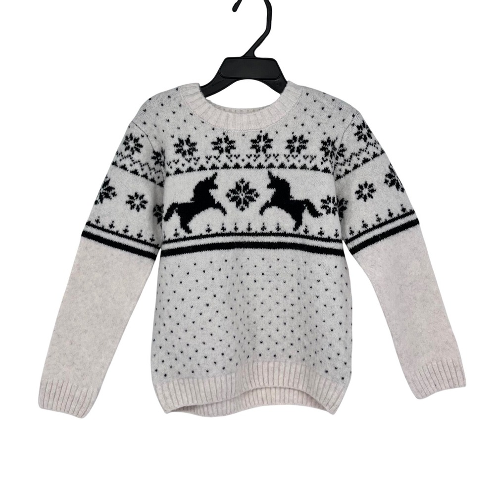 Fair Isle Sweater Girl Size 5T Wheat Heather Unicorn Snowflake Christmas Holiday